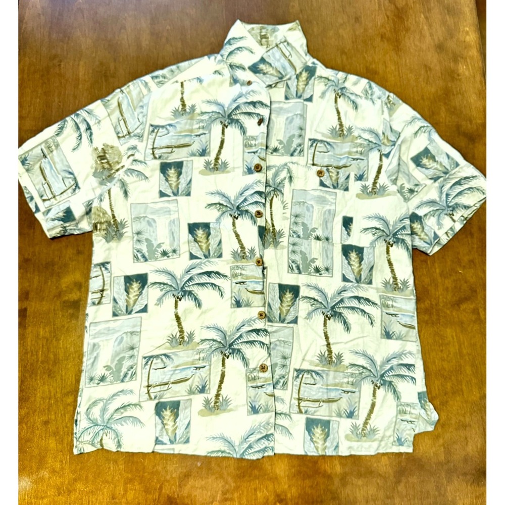 Banana Cabana Hawaiian Shirt Mens Medium White Silk Palm Tree Tropical Button Up